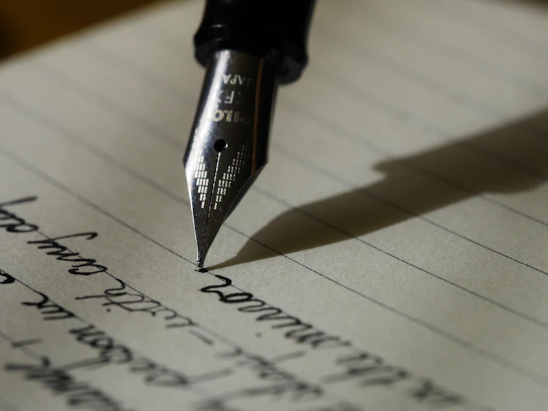 Konzentrierte Schreibsituation mit Stift und Papier auf dem Tisch