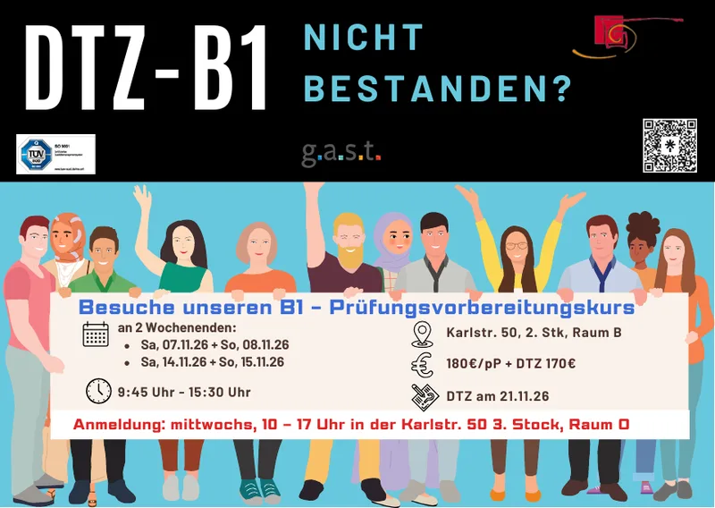 Flyer-Vorschau: DTZ-B1 nicht bestanden? Prüfungsvorbereitungskurs im November